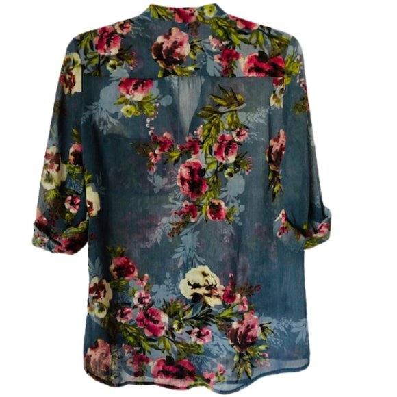 Kut from the Kloth Semi-Sheer Floral Shirt Roll Up Sleeve - Blue/Multi - S - Picture 2 of 8